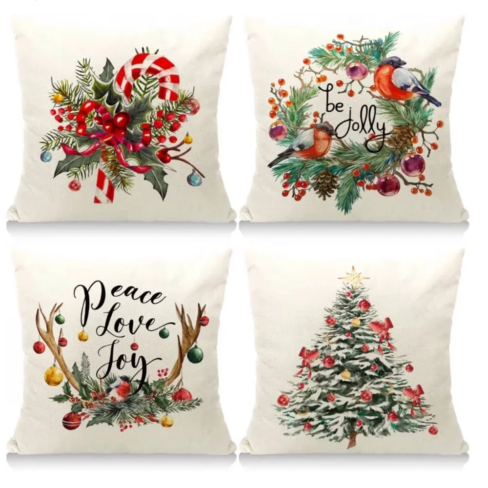 Lot of 4 Christmas Pillow Covers Size 18” x 18” Cotton Linen Blend NEW NO BOX